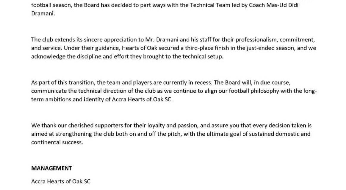 Accra Hearts of Oak and head coach Didi Dramani have mutually parted ways